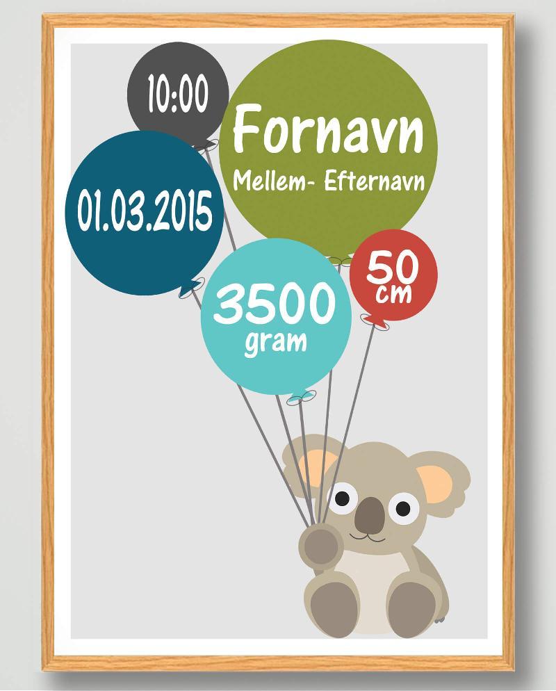 Koalabjørn Fødselsplakat - M (30x40 cm)