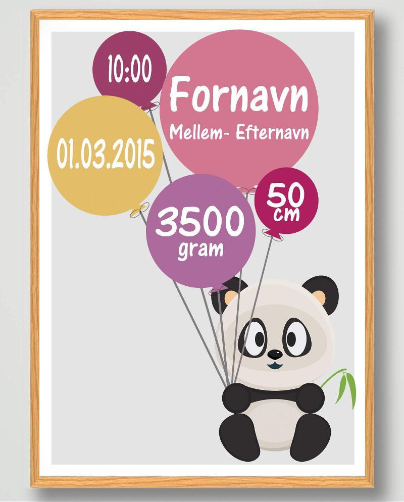 Fødselsplakat med Panda - Mål: 30x40 cm