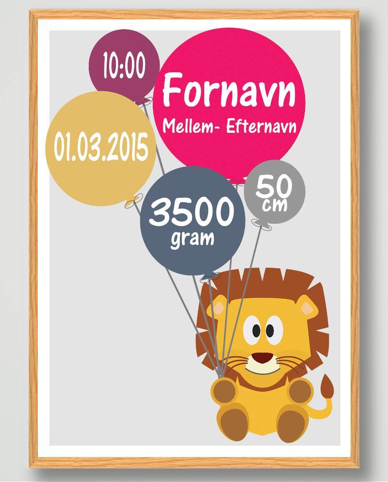 Fødselsplakat med løve - 30x40 cm