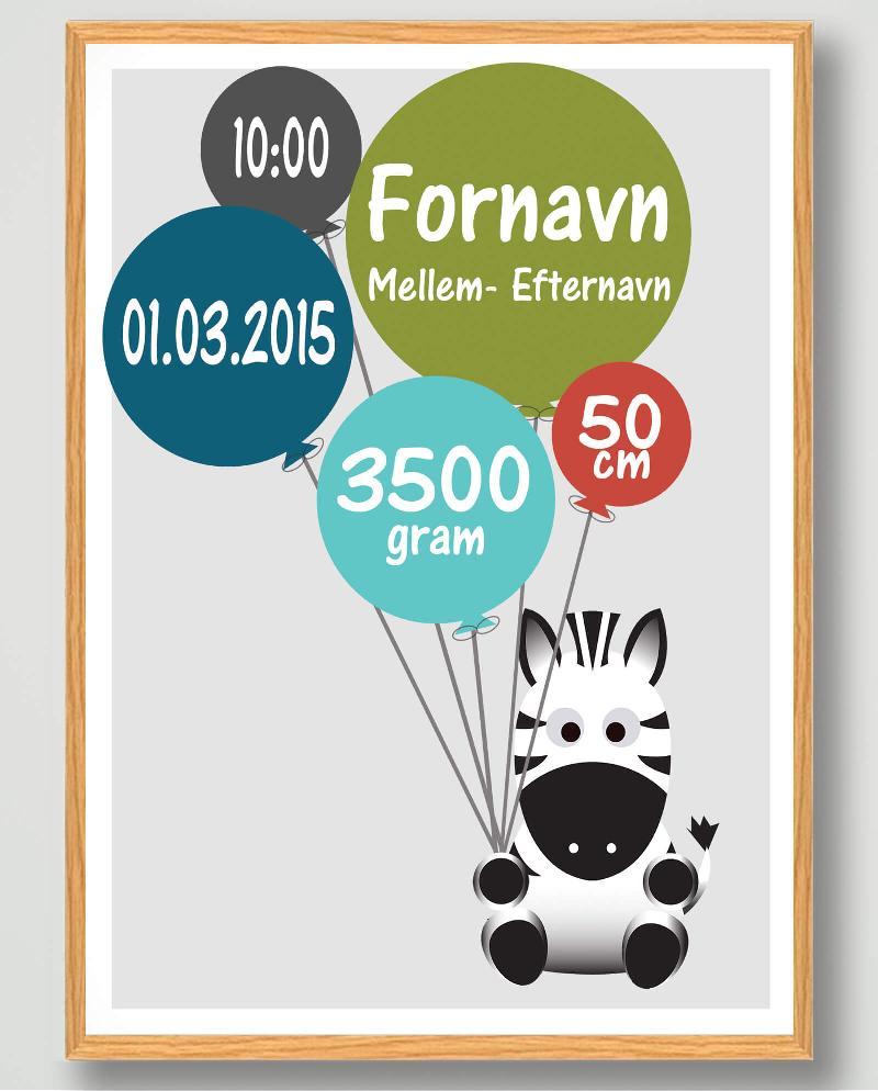 Fødselsplakat med Zebra (M - 30x40cm)