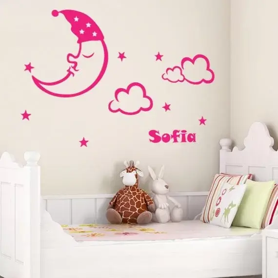 Godnat Måne og Stjerner - Væggemærke med Navn