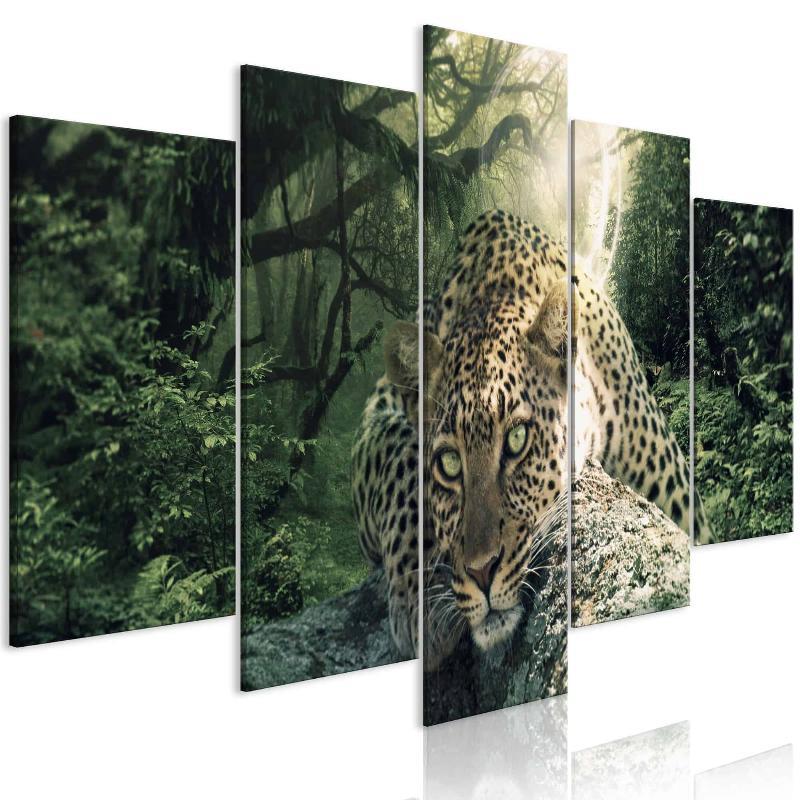 Leopard Lærredstryk - Liggende (5 dele) Lysegrøn