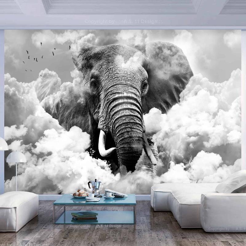 Fototapet Elefant i Skyerne (Sort og Hvid)
