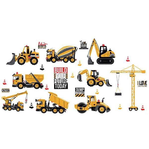 Vægklistermærke med byggepladsmaskiner – Lastbiler og Kraner