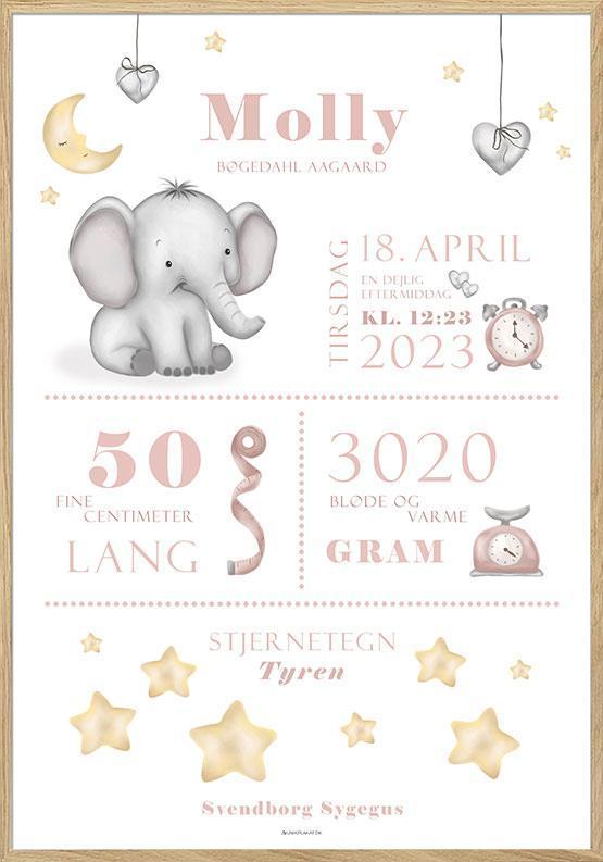 Fødselstavle med Rosa Elefant – Unik Kunst til Piger!