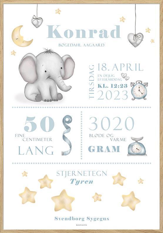 Fødselstavle med Elefant i Babyblå - Unik Plakat til Dreng