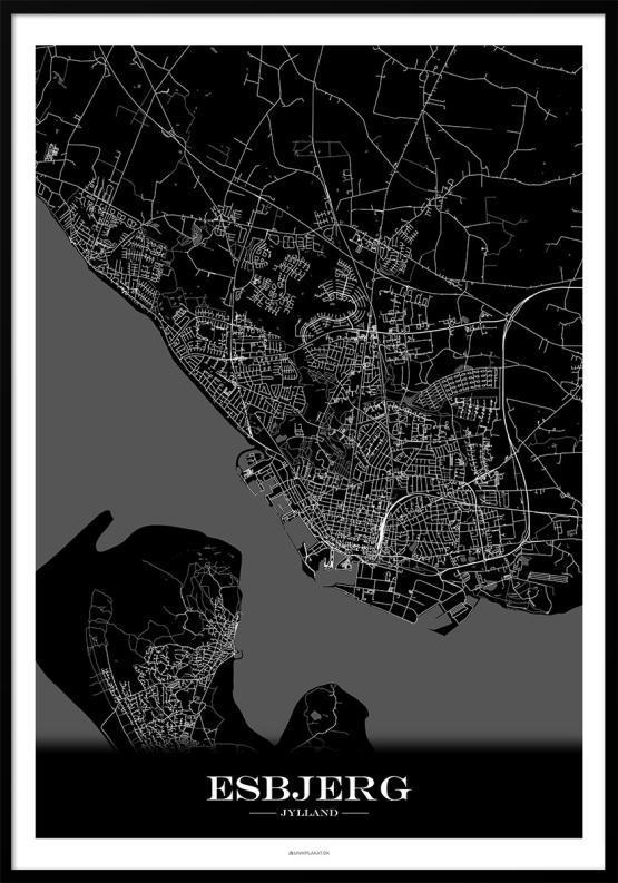Esbjerg Kortplakat – Elegant Sort Vægkunst til Dit Hjem