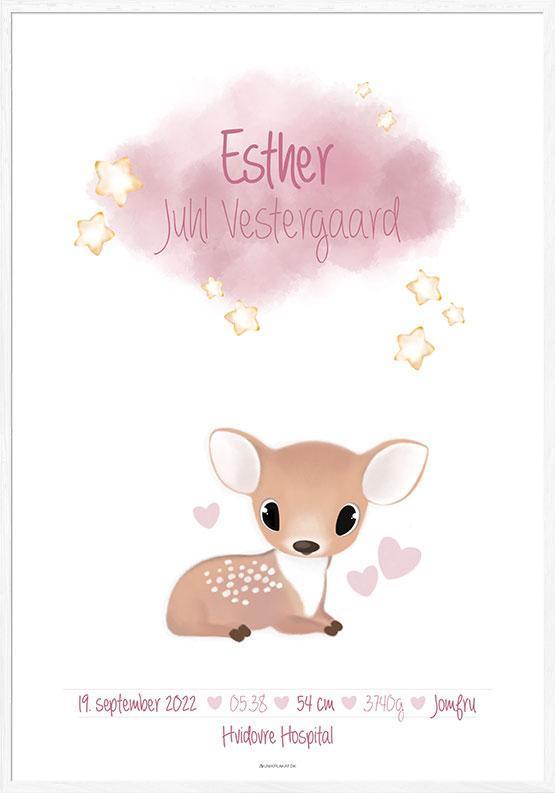 Fødselsplakat med Dådyr til Pige – Unik Værelsesdekoration!