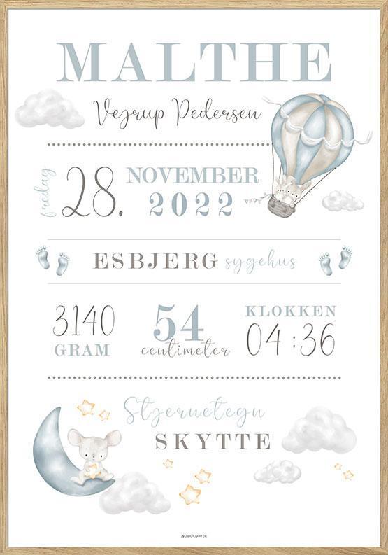 Unik fødselstavle plakat med luftballon til dreng
