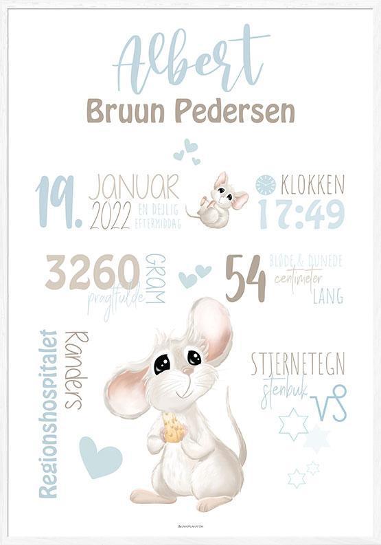 Fødselsplakat med Mus til Dreng – Unik Børneindretning