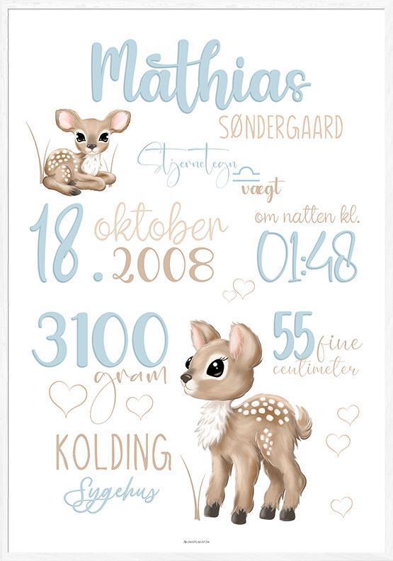 Rådyr Fødselsplakat til Dreng – Unik Indretning til Hjemmet
