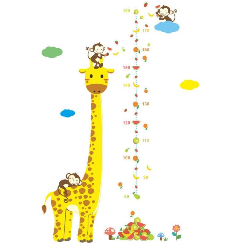 Giraffe vægklistermærke med målebånd og sjove aber
