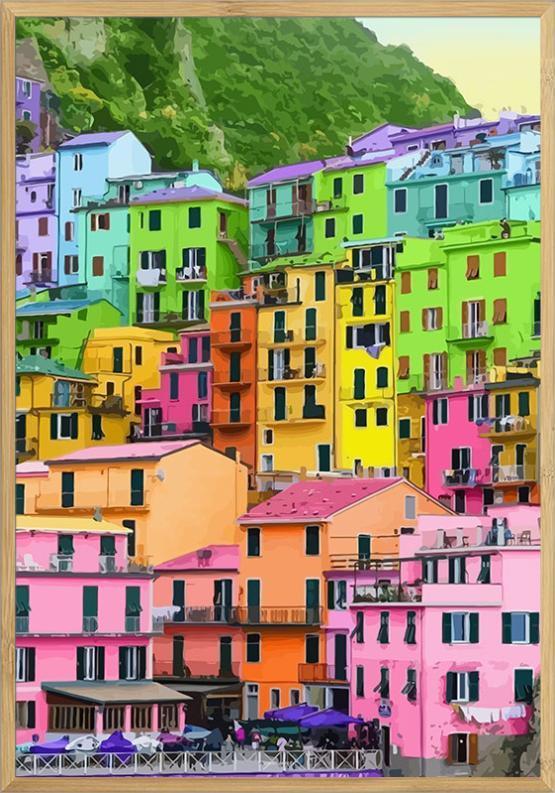 Farverig Plakat med Huse – Unik Tilbud til Vægdekoration!