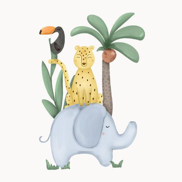 Jungle Plakat med Leopard, Fugl & Elefant
