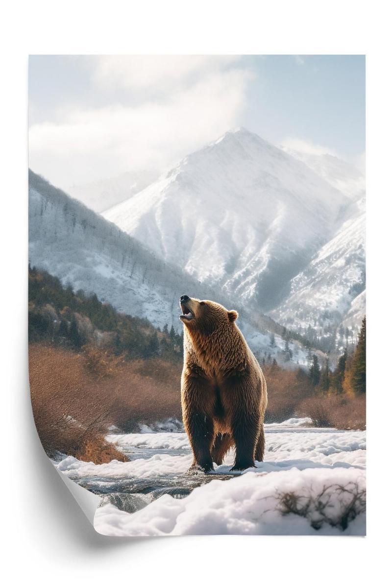 Plakat - Grizzlybjørn ved sneklædte bjerge