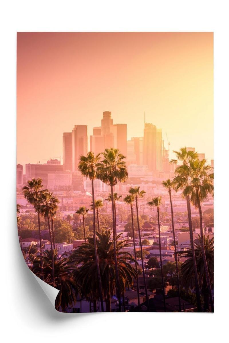 Plakat - Los Angeles skyline med palmer og solnedgang
