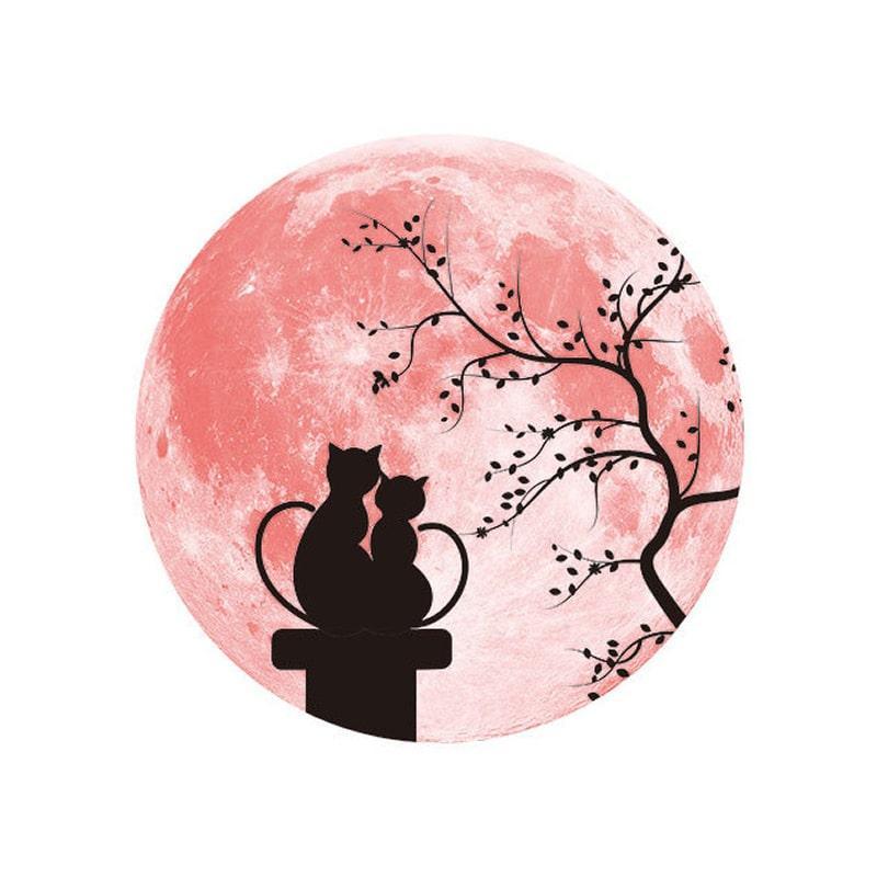 Selvlysende måne wallsticker med katte - lyserød 30 cm