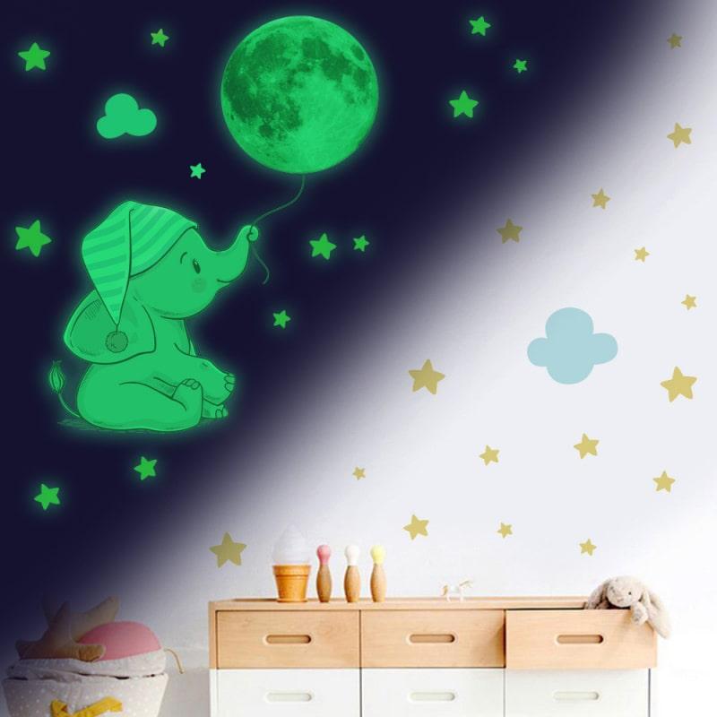 Sød selvlysende elefant wallsticker - 74 stk.