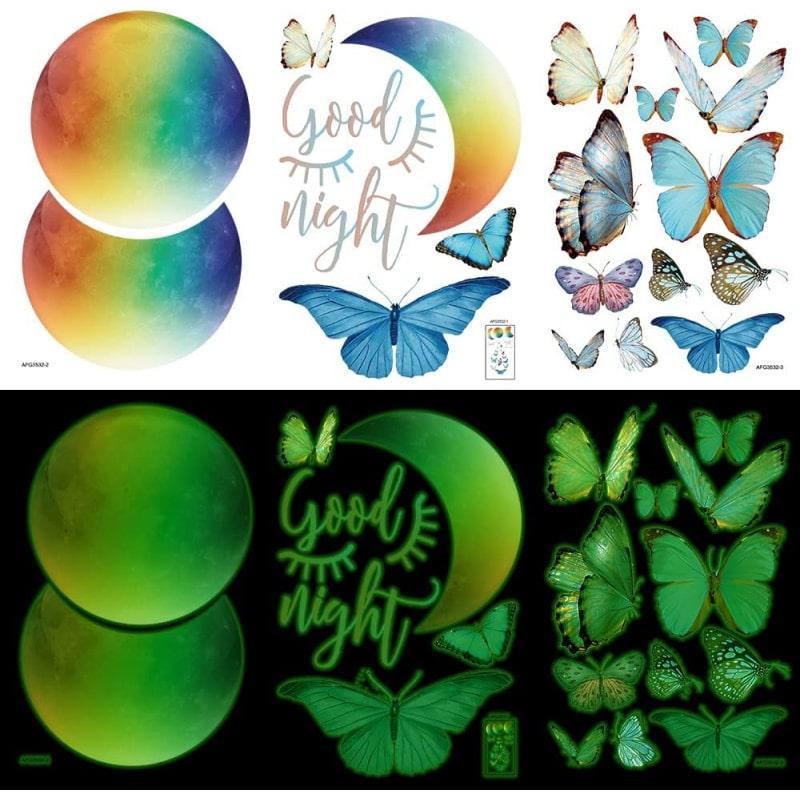 Selvlysende vægklistermærke med måne og sommerfugle