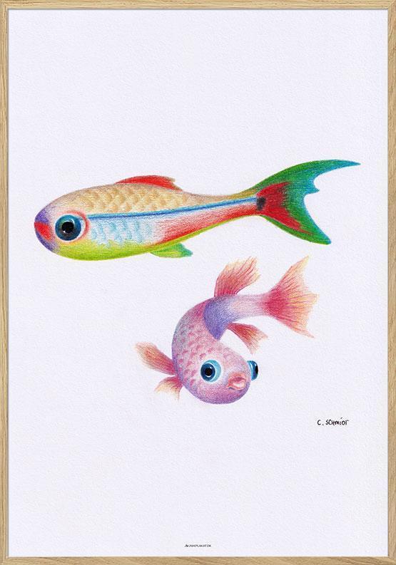 Farverig plakat med håndtegnede fisk til drengeværelset