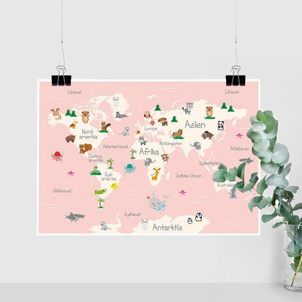 Lille Verdenskort Plakat - Lyserød Design