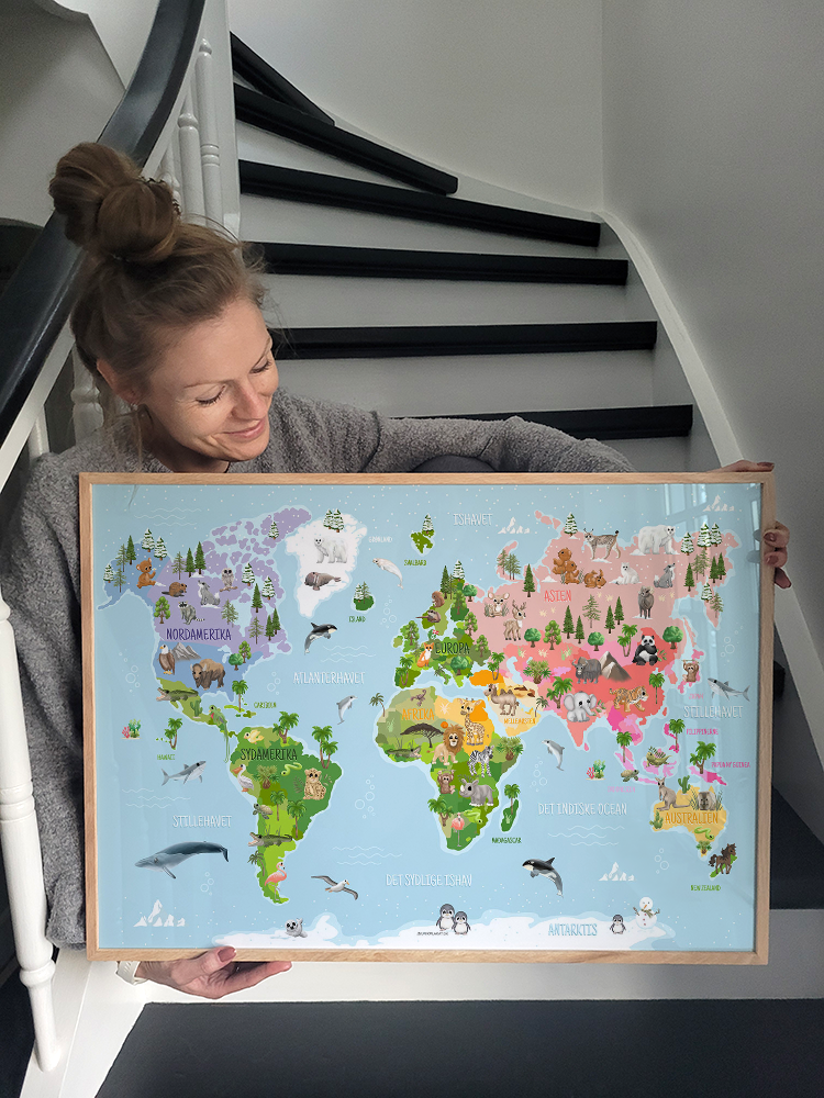 Verdenskort til børn – Dyreplakat