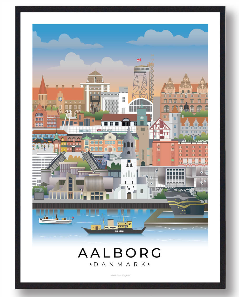 Aalborg Plakat med Hvid Kant – Unik Byplakat til Dit Hjem