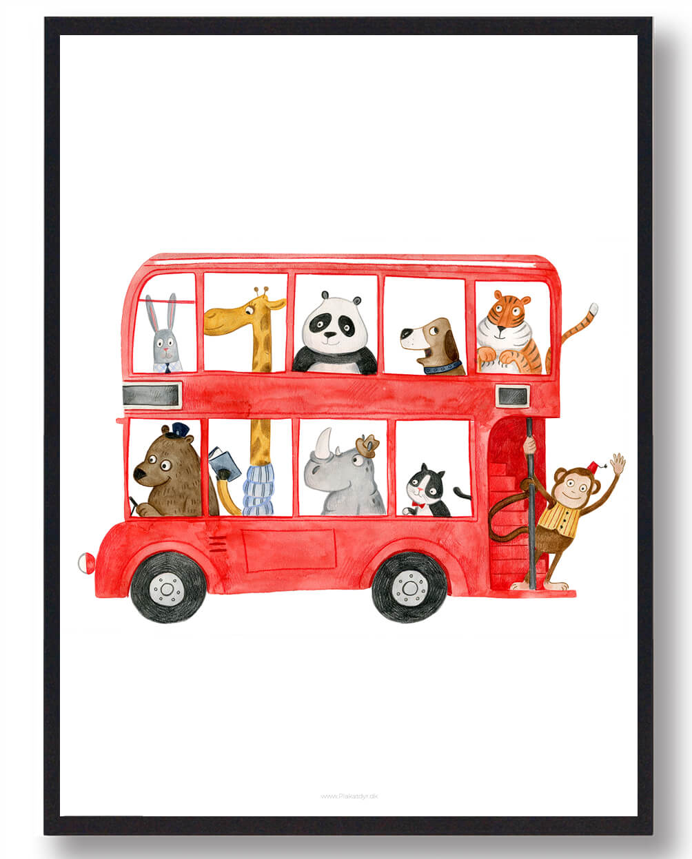 Rød bus med dyr – håndtegnet plakat til børneværelset