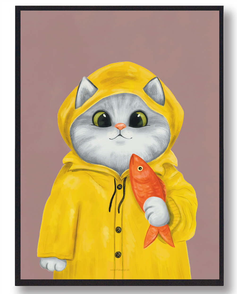 Kat i regnjakke - lyserød katteplakat