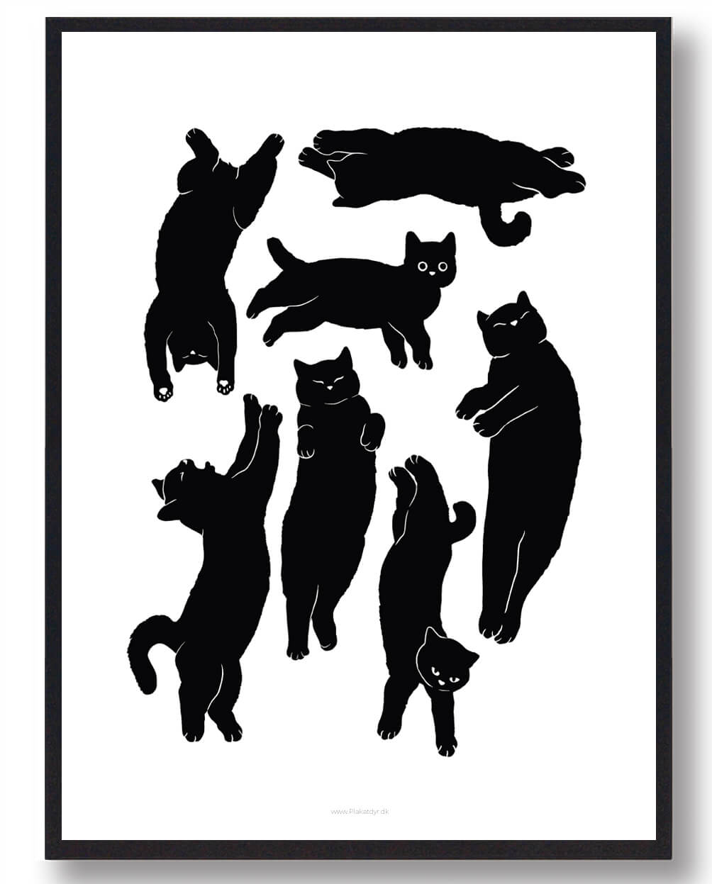 Katte Kaos – Sort Plakat med Dynamiske Kattemotiver