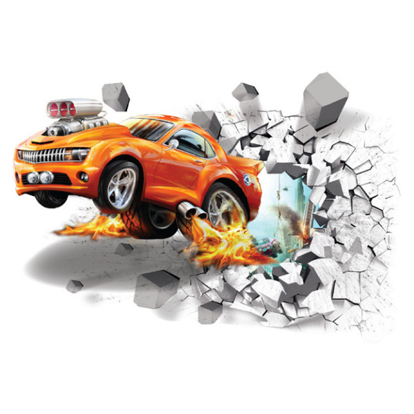 Sej racerbil vægklistermærke med hul i væggen