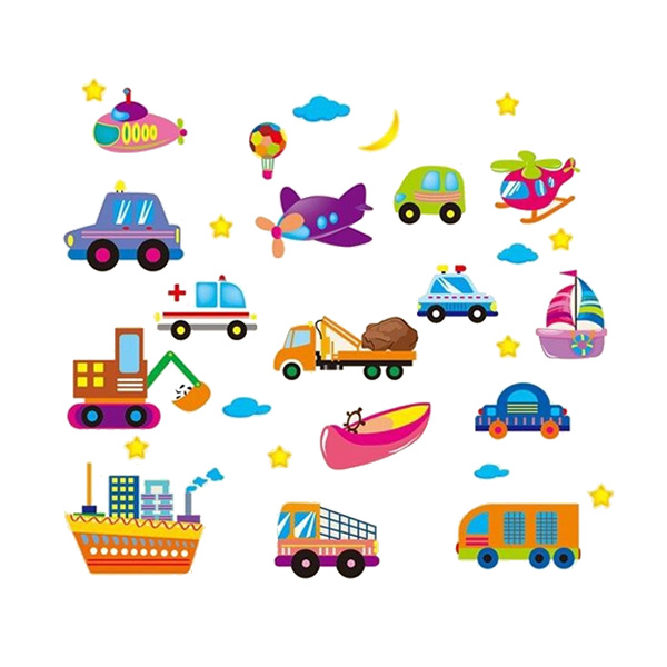 Farverig wallsticker med transportmidler til drengeværelset