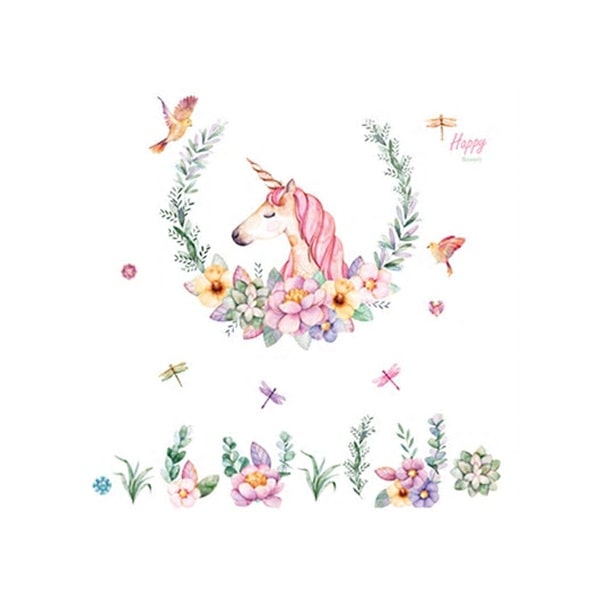 Flot Enhjørning Wallsticker med Blomster og Fugle til Piger